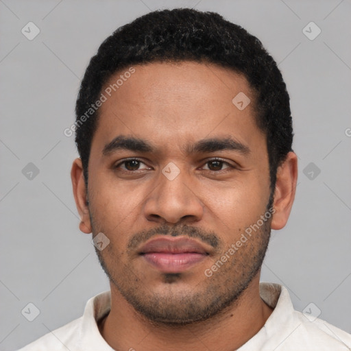Neutral latino young-adult male with short  black hair and brown eyes