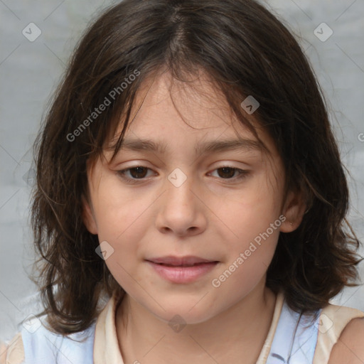 Joyful white child female with medium  brown hair and brown eyes