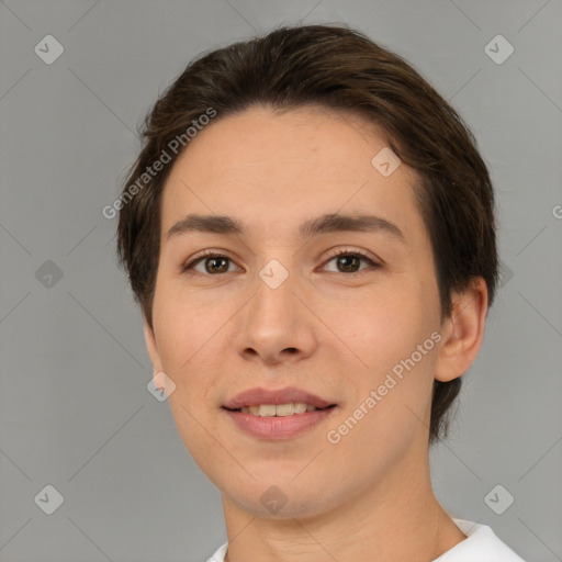 Joyful white young-adult female with short  brown hair and brown eyes