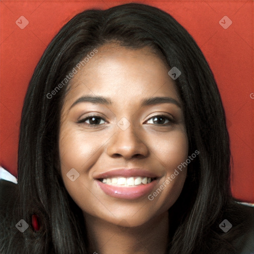 Joyful white young-adult female with long  black hair and brown eyes