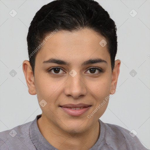 Joyful latino young-adult female with short  brown hair and brown eyes