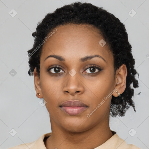 Neutral black young-adult female with short  black hair and brown eyes