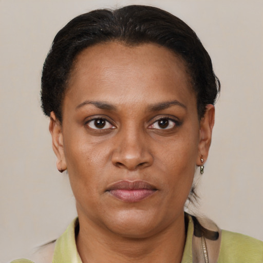 Joyful latino adult female with short  brown hair and brown eyes
