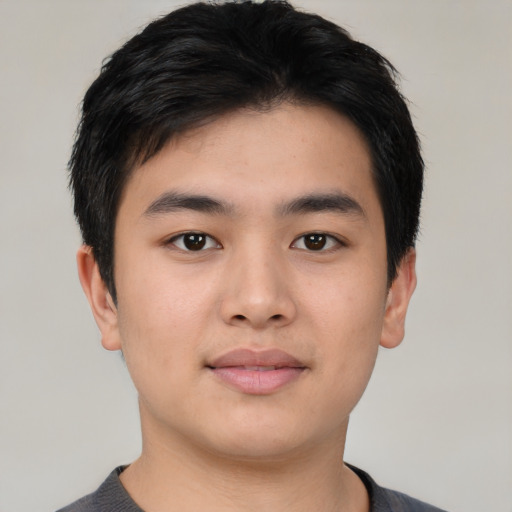 Neutral asian young-adult male with short  black hair and brown eyes