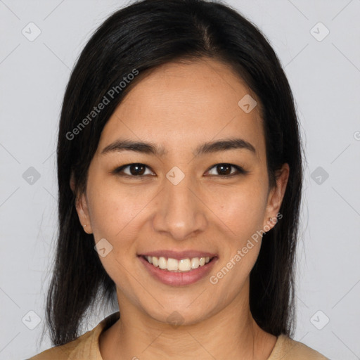 Joyful latino young-adult female with medium  brown hair and brown eyes