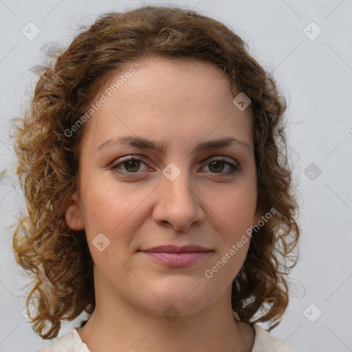 Joyful white young-adult female with medium  brown hair and green eyes