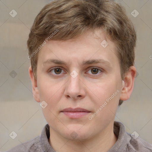 Neutral white young-adult male with short  brown hair and grey eyes