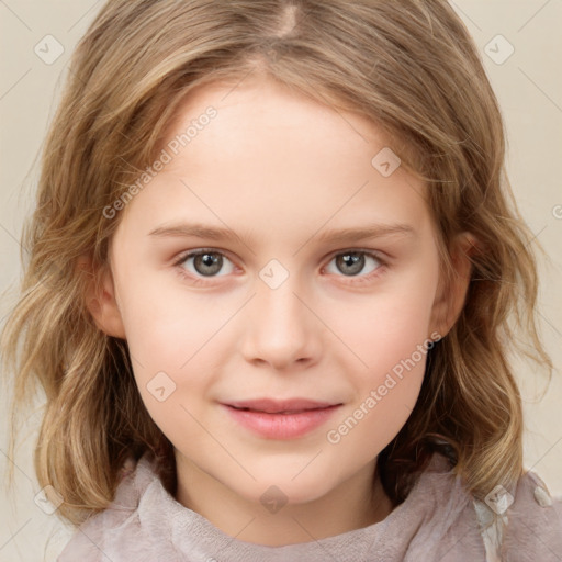 Joyful white child female with medium  brown hair and grey eyes