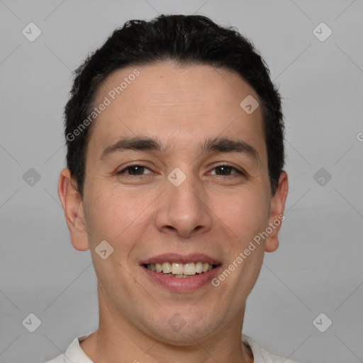 Joyful white young-adult male with short  brown hair and brown eyes