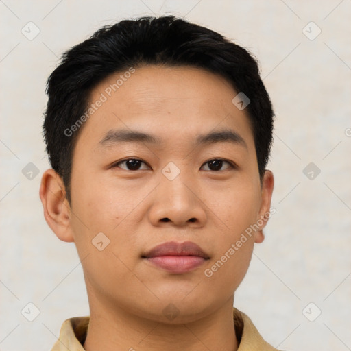 Joyful asian young-adult male with short  black hair and brown eyes