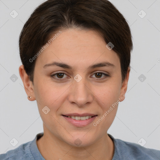 Joyful white young-adult female with short  brown hair and brown eyes