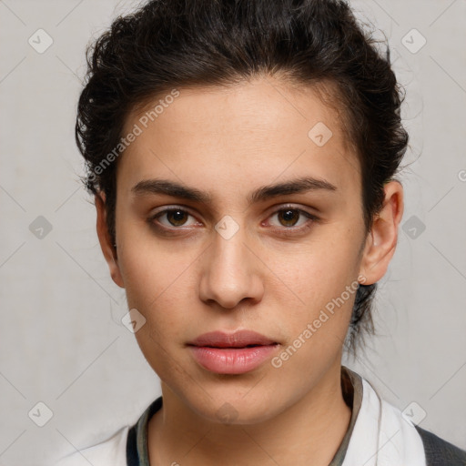 Neutral white young-adult female with medium  brown hair and brown eyes