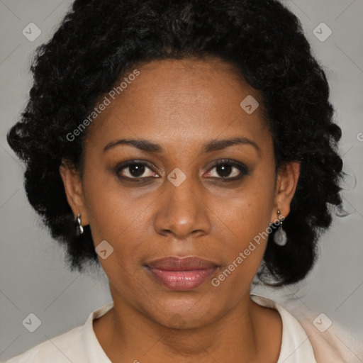 Joyful black adult female with short  brown hair and brown eyes