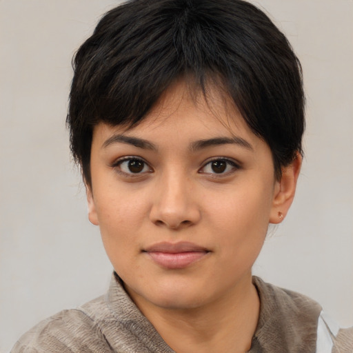Neutral asian young-adult female with short  brown hair and brown eyes