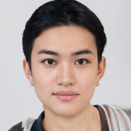 Neutral asian young-adult male with short  black hair and brown eyes