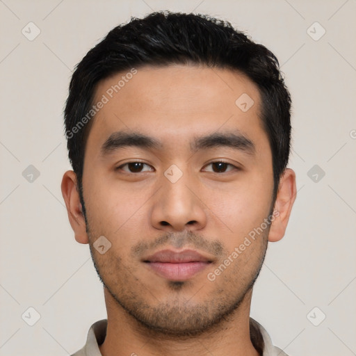 Neutral asian young-adult male with short  black hair and brown eyes