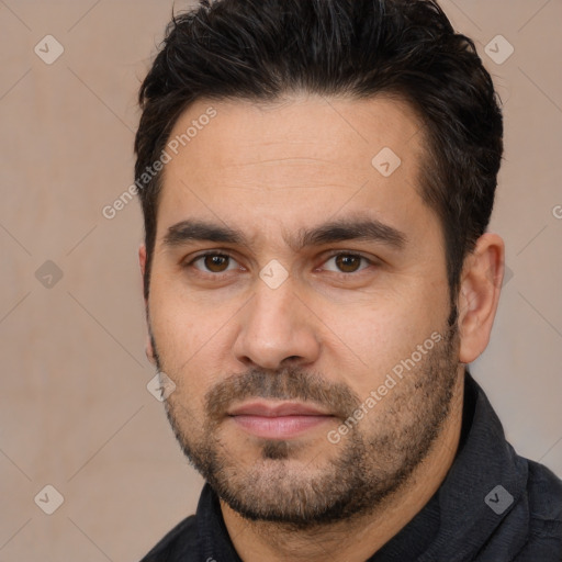 Neutral white young-adult male with short  brown hair and brown eyes