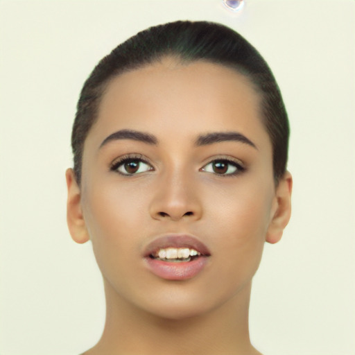 Neutral asian young-adult female with short  black hair and brown eyes