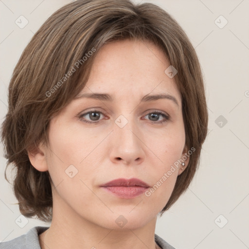 Neutral white young-adult female with medium  brown hair and grey eyes