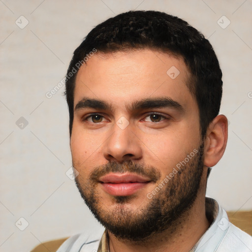 Neutral white young-adult male with short  black hair and brown eyes