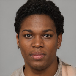 Neutral black young-adult male with short  black hair and brown eyes