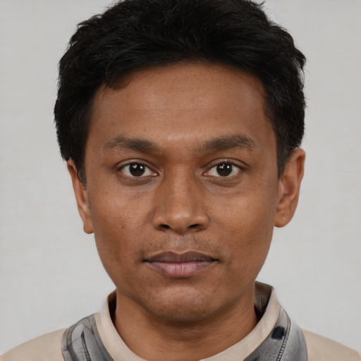 Neutral black young-adult male with short  black hair and brown eyes