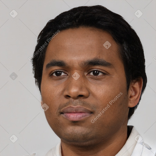 Neutral black young-adult male with short  black hair and brown eyes