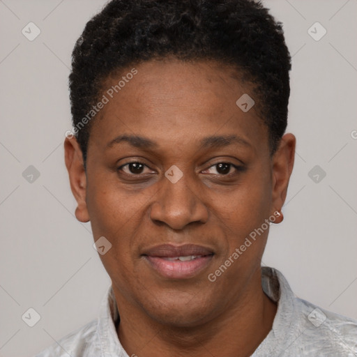 Joyful black young-adult female with short  black hair and brown eyes