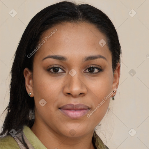 Joyful latino young-adult female with medium  brown hair and brown eyes