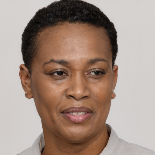 Joyful black adult female with short  black hair and brown eyes