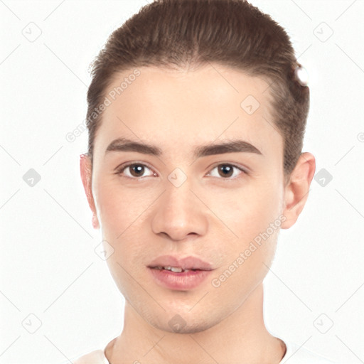 Neutral white young-adult male with short  brown hair and brown eyes