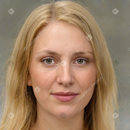 Joyful white young-adult female with long  brown hair and green eyes