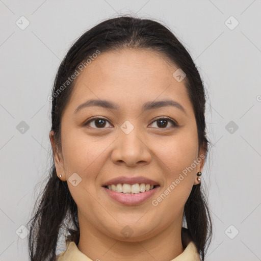 Joyful white young-adult female with medium  brown hair and brown eyes