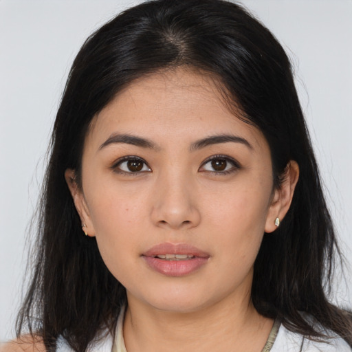 Neutral asian young-adult female with medium  brown hair and brown eyes