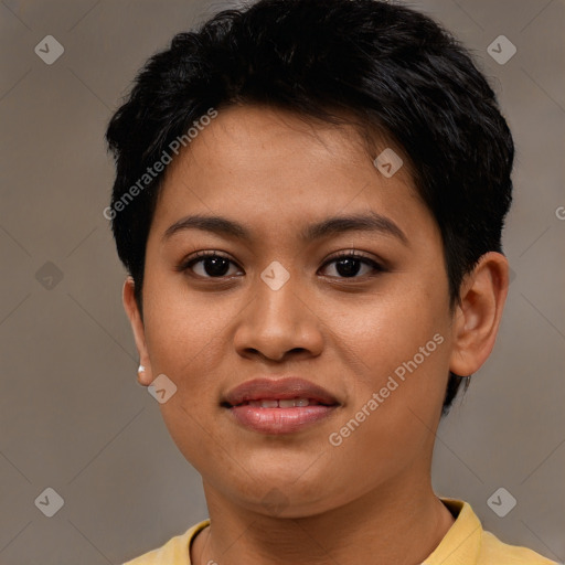 Joyful asian young-adult female with short  brown hair and brown eyes