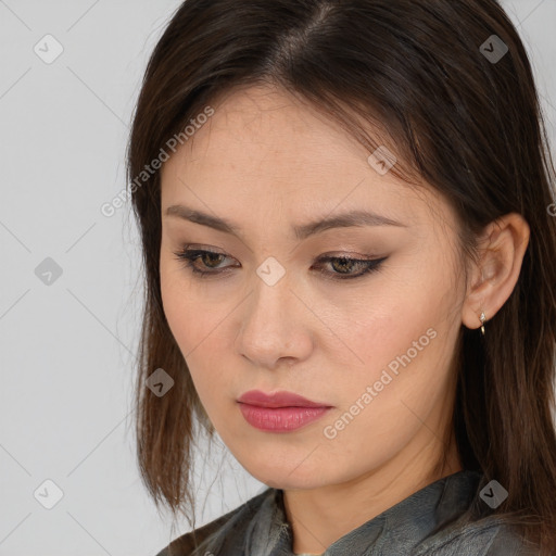Neutral white young-adult female with long  brown hair and brown eyes