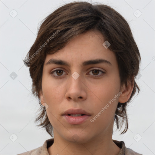 Neutral white young-adult female with medium  brown hair and brown eyes