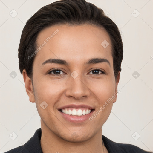 Joyful white young-adult female with short  brown hair and brown eyes