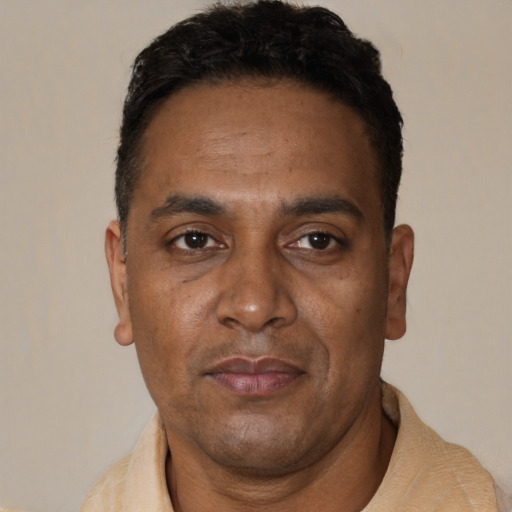 Neutral black adult male with short  black hair and brown eyes