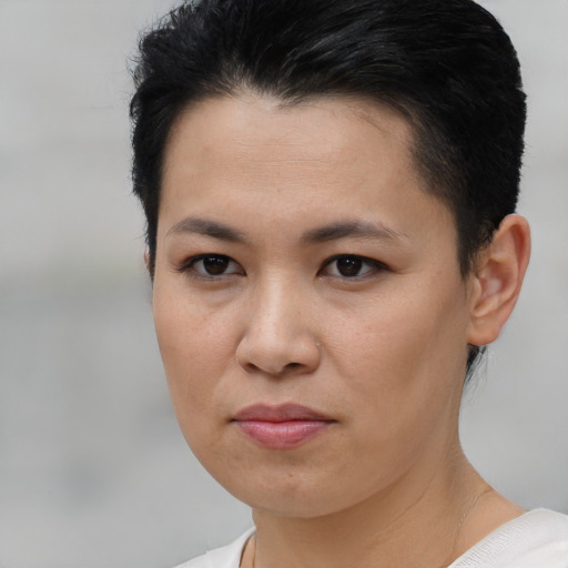 Joyful asian young-adult female with short  brown hair and brown eyes
