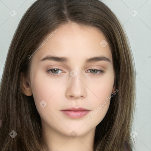 Neutral white young-adult female with long  brown hair and brown eyes