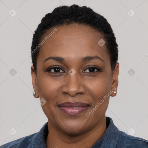 Joyful black adult female with short  black hair and brown eyes