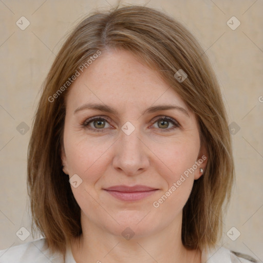 Joyful white young-adult female with medium  brown hair and grey eyes