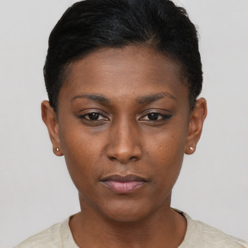 Neutral black young-adult female with short  black hair and brown eyes