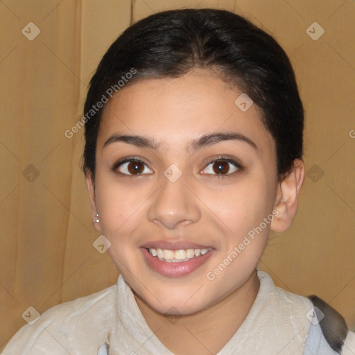 Joyful latino young-adult female with short  brown hair and brown eyes