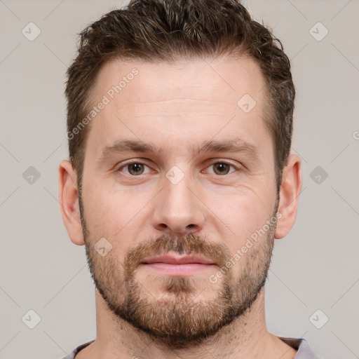 Neutral white young-adult male with short  brown hair and brown eyes