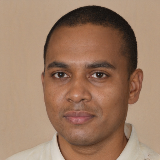 Neutral black young-adult male with short  black hair and brown eyes
