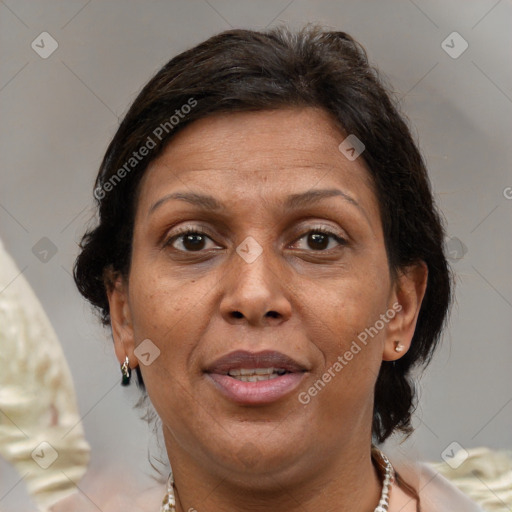 Joyful white adult female with medium  brown hair and brown eyes