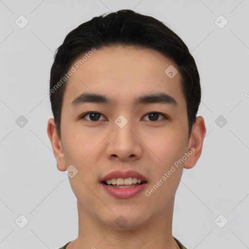 Joyful asian young-adult male with short  black hair and brown eyes