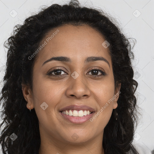 Joyful latino young-adult female with long  brown hair and brown eyes